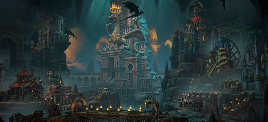 图为“上古纪元”中的“地牢”主城，作为以顶级单位“黑龙”闻名的阵营，主城也重点体现了龙这一要素