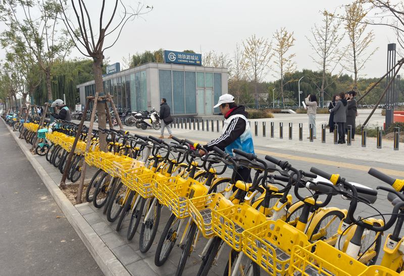 潞城地铁站外，共享单车需要停放在指定区域。新京报记者 王贵彬 摄