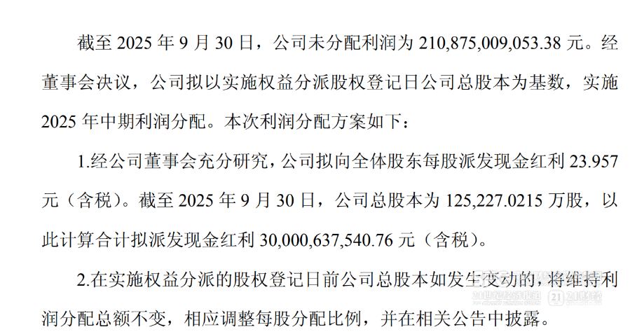 （貴州茅臺(tái)披露2025年度中期分紅金額）
