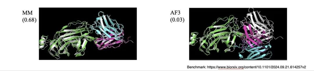 分子之心(图中MM代表),与对照相比,左下图可明显看出分子之心的预测结果更为准确,图片来源:分子之心