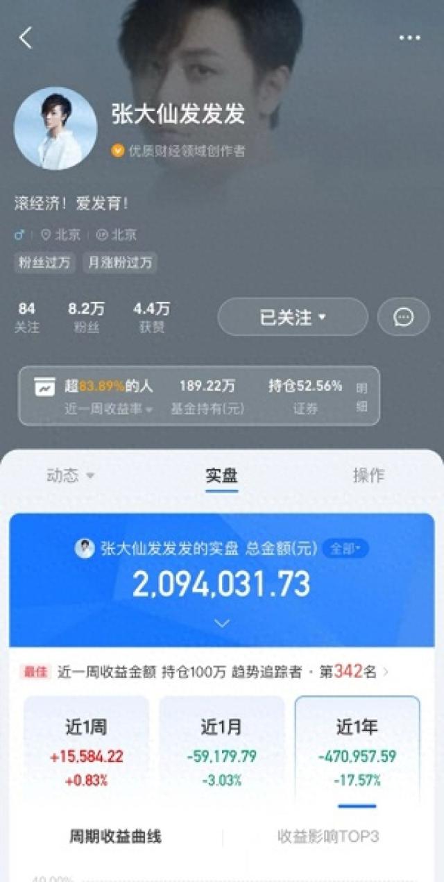 游戏主播张大仙跨界晒209万元基金实盘，近一年亏损17％