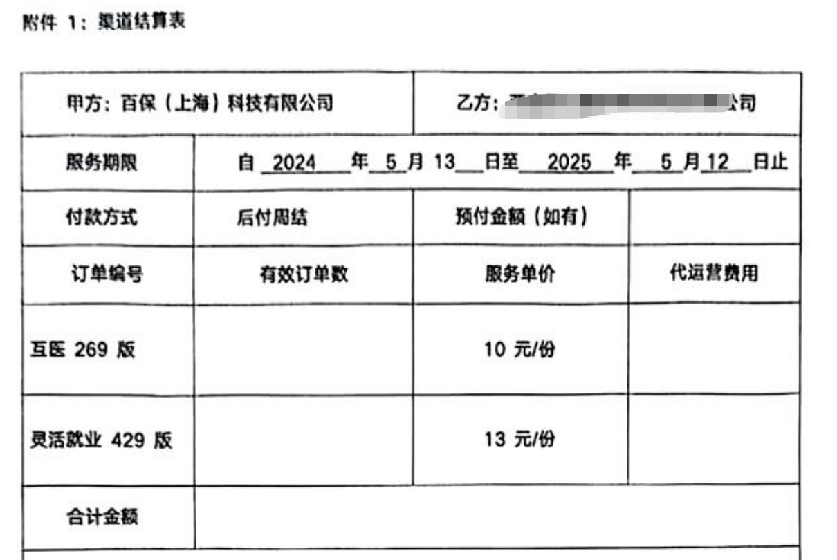 百保渠道框架合作協(xié)議部分截圖。圖片來源：受訪者提供