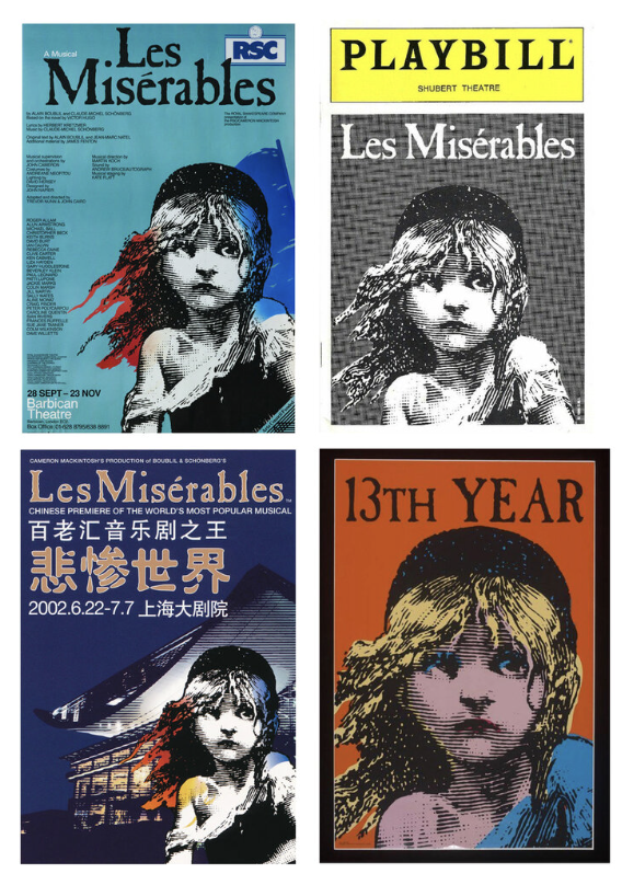 1985年倫敦初版及全球多個(gè)制作版本的海報(bào)，均使用上述珂賽特畫像作為主要元素。