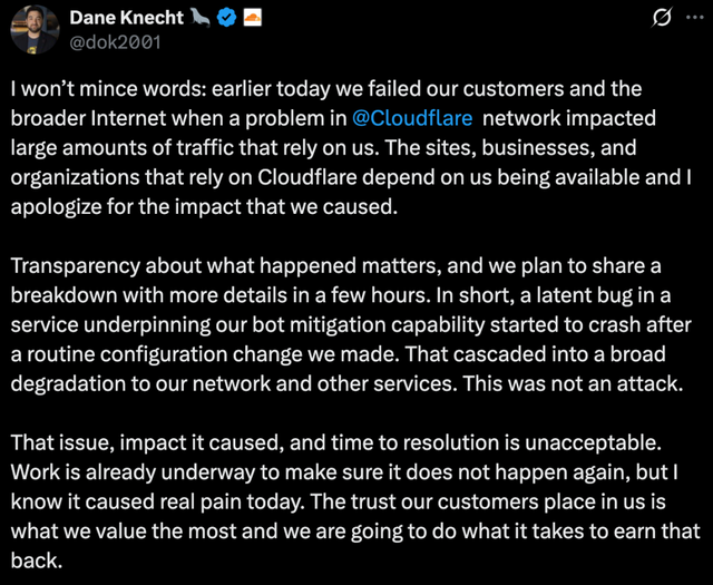 Cloudflare CTO戴恩·克內(nèi)切特推文截圖