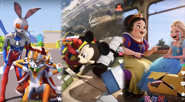 网络平台上存在的“兔头面具奥特曼打晕绑架小奥特曼”“米奇在山顶脚踹蜘蛛侠”“白雪公主霸凌艾莎”等内容。图片来源：潮新闻