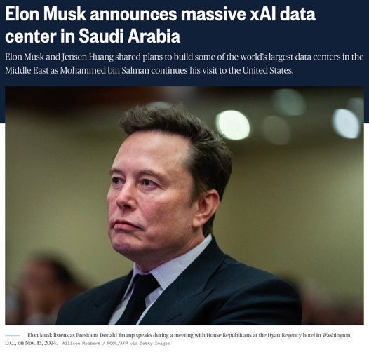 △NBC报道，马斯克周三宣布将在沙特启动一个新的数据中心项目