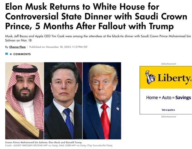 △美国人物与娱乐周刊《人物》报道，与特朗普关系破裂五个月后，马斯克重返白宫