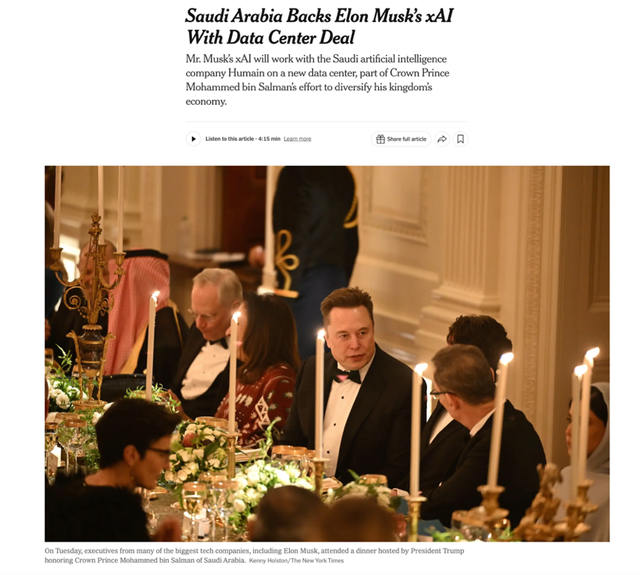 △《纽约时报》报道，马斯克的xAI将与沙特人工智能公司Humain合作建造新的数据中心