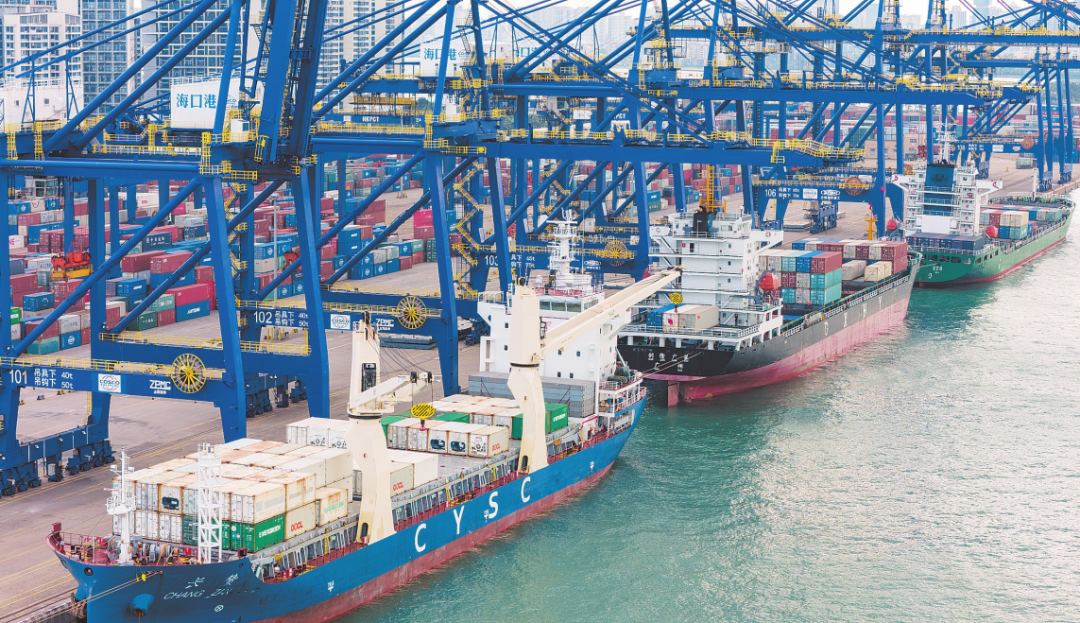 11月14日,在海口秀英港集装箱码头,货轮停靠在泊位旁,有序进行装卸