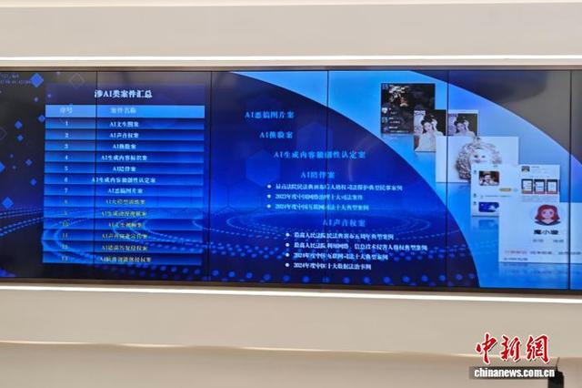 北京互联网法院电子屏上展示的涉“AI”类案件。中新网记者 刘越 摄
