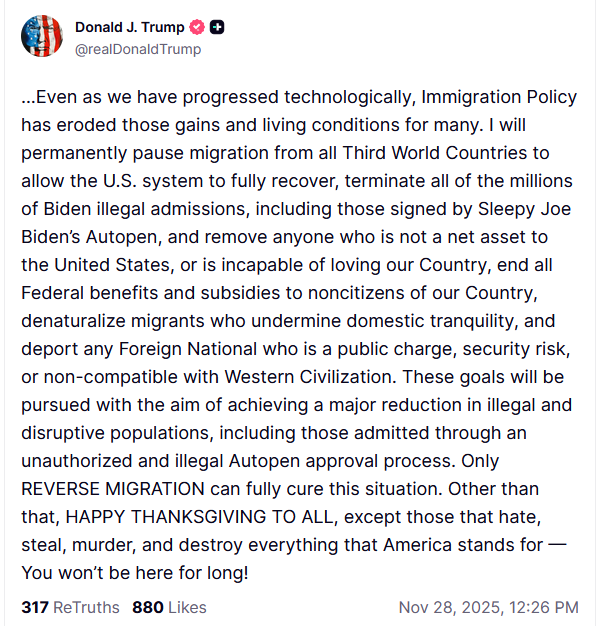 特朗普突然宣布：将永久暂停接受所有“第三世界”国家的移民