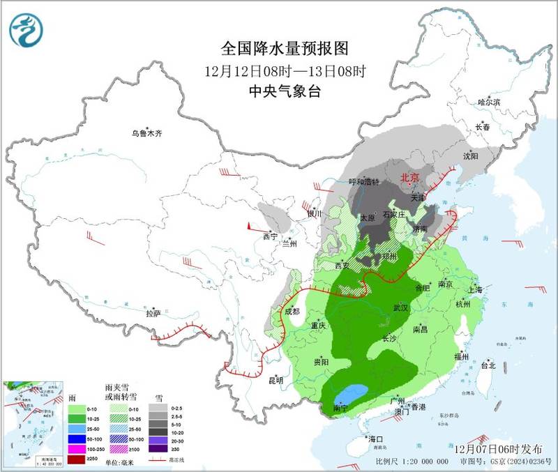 根据全国降水量预报图，下周京津冀等地将迎来明显降雪。中央气象台供图