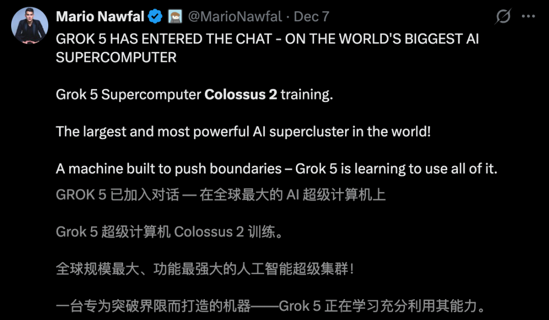 马斯克xAI正在百万张GPU串联的超级巨兽「Colossus 2」训练Grok 5