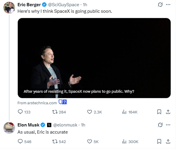 马斯克暗示SpaceX可能IPO