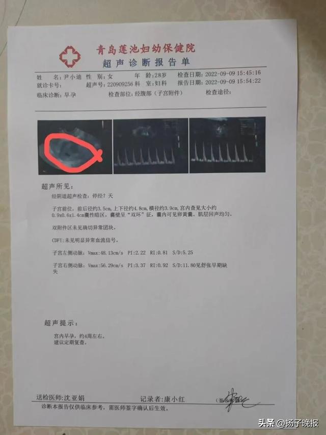 尹某某购买的怀孕b超单.图/受访者提供