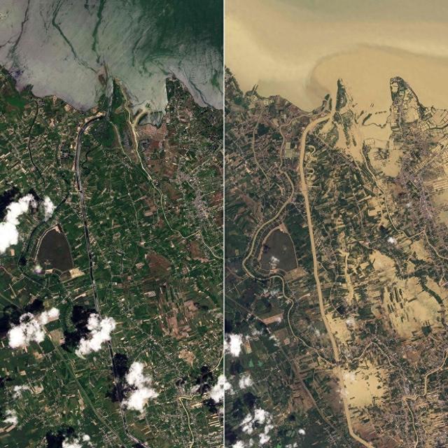 当地时间2025年12月1日，卫星图像组合图显示，2025年10月6日（左图）和2025年11月30日（右图），热带气旋“迪特瓦”袭击泰国湾后，泰国南部宋卡湖沿岸的景象。视觉中国 图