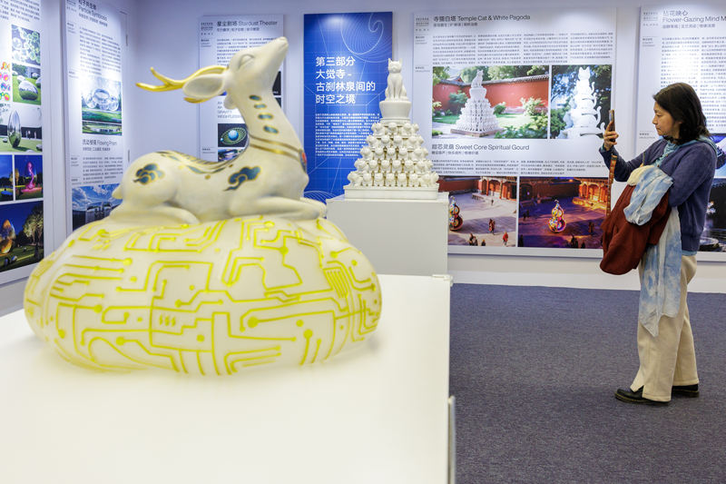 观众在展厅内拍摄《寺猫白塔》。新京报记者 王子诚 摄