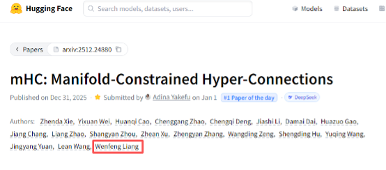 梁文锋的名字出现在论文作者最后一位。Hugging Face网站截图