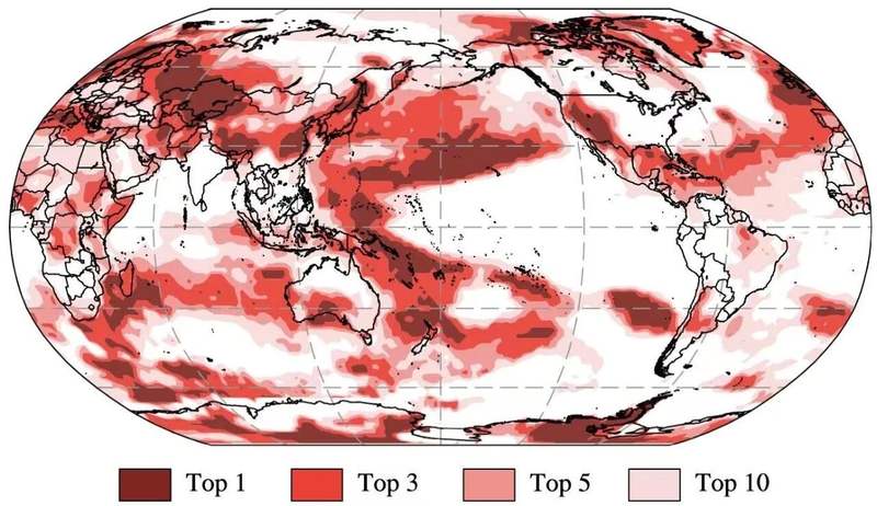 图3 2025年全球表面平均温度历史排名
