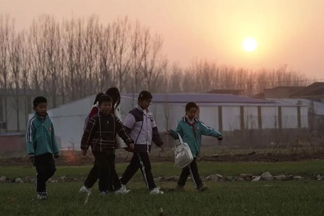 夕阳西下，田野上的孩子们（澎湃新闻 胡弘彪|摄）