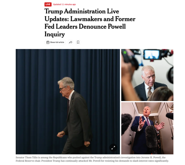 △《纽约时报》报道，议员和联储前领导人纷纷谴责对鲍威尔的调查