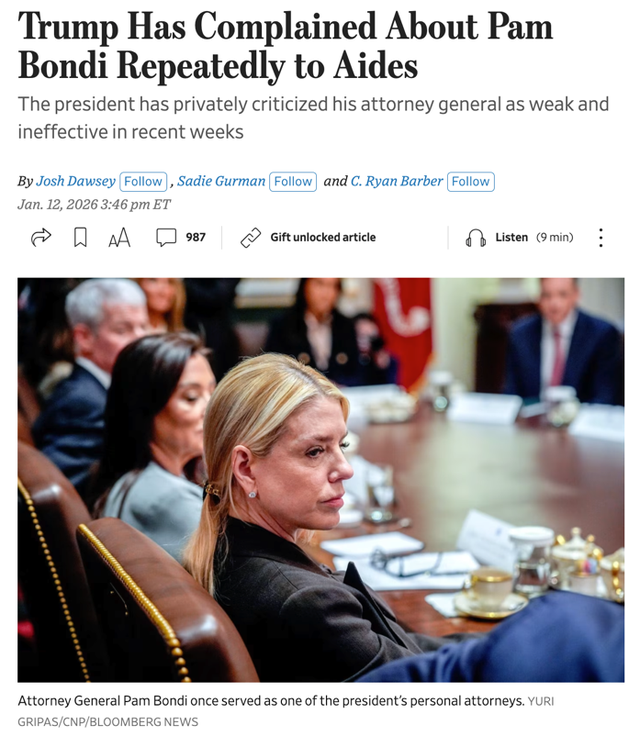 △《华尔街日报》报道，特朗普向助手抱怨司法部长邦迪工作不力