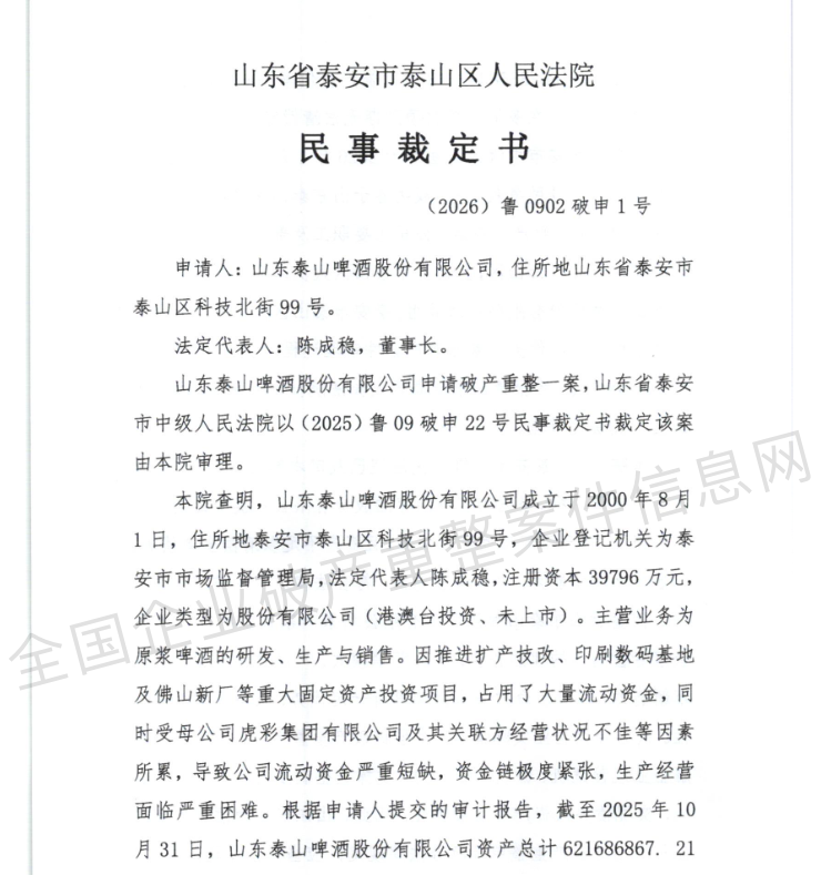 泰山啤酒正式进入破产重整程序，负债6.63亿元已资不抵债