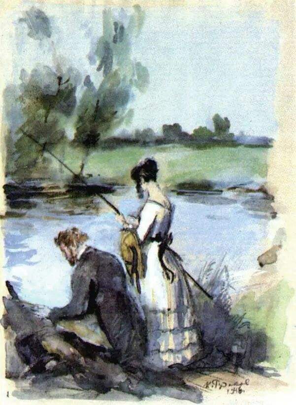 《贵族之家》插图，拉夫列茨基和丽莎。 K.I.鲁达科夫绘。