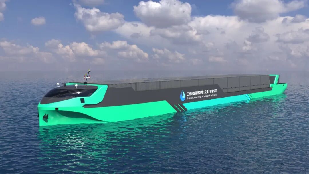 全球首艘标准模块换电船舶“河豚蔚蓝”。图片来源：三点水科技