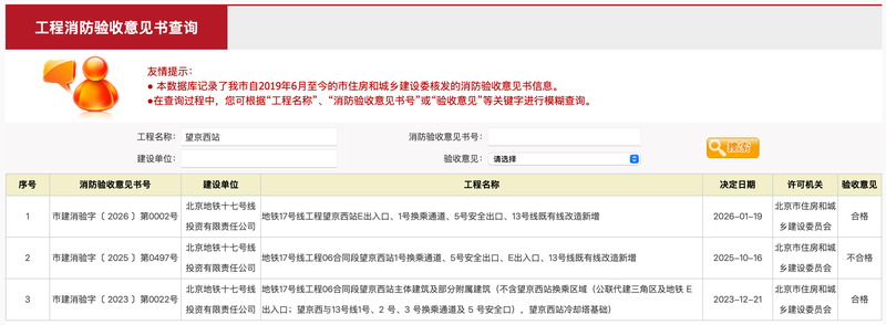 1月19日，北京市住建委公示通过了17号线望京西站的多项消防验收。北京市住建委官网截图