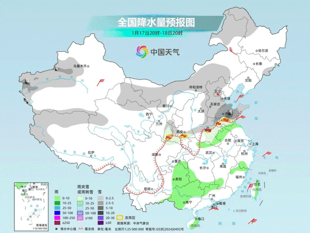 2026年首次寒潮预报图，灰色区域代表预报降雪范围。图片来源：中国天气网