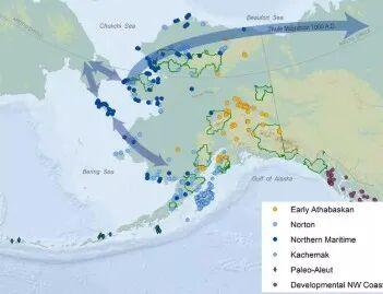 箭头指示图勒人迁徙的可能方向，该迁徙始于公元1000年左右。图源：美国政府《阿拉斯加国家公园人类迁徙历史调查》