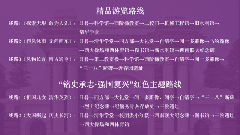 学校为参观访客推荐多条游览路线。图/清华校园交通管理服务官方公众平台