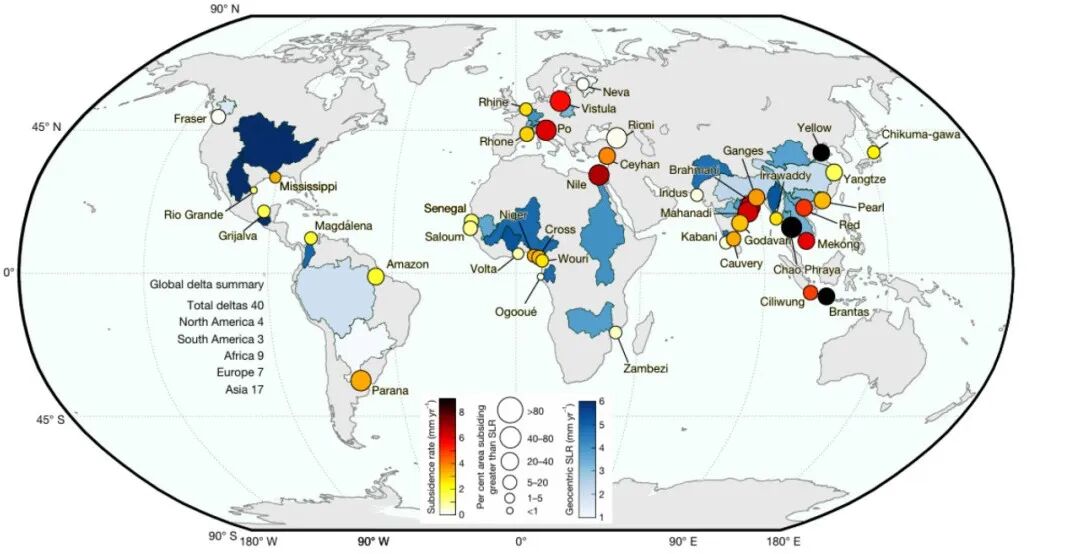 图 | 全球三角洲地表沉降分布图（来源：论文）