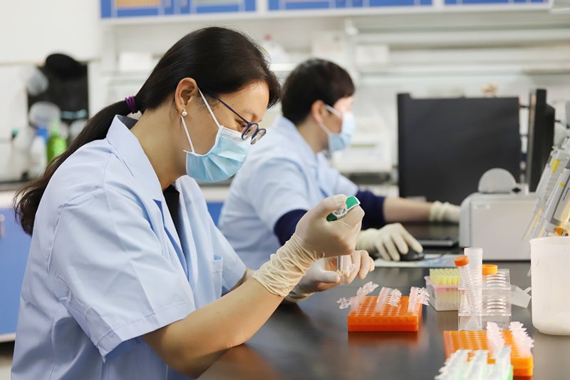 吴桂琴（左）在实验室进行鸡基因组DNA提取。首都文明办供图