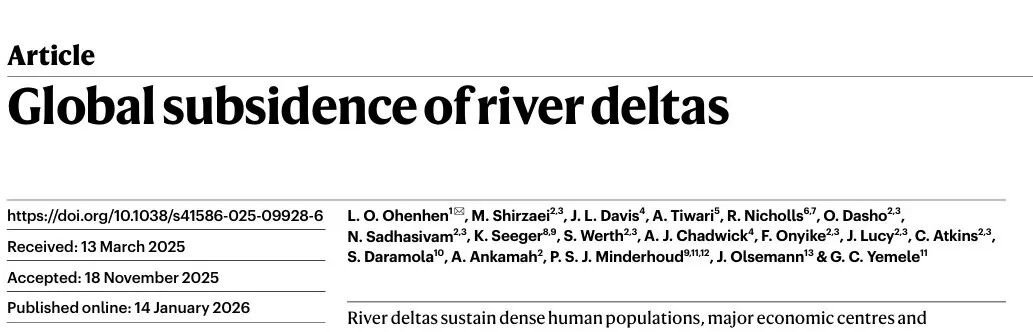 图 | 团队论文：全球河流三角洲沉降（来源：Nature）
