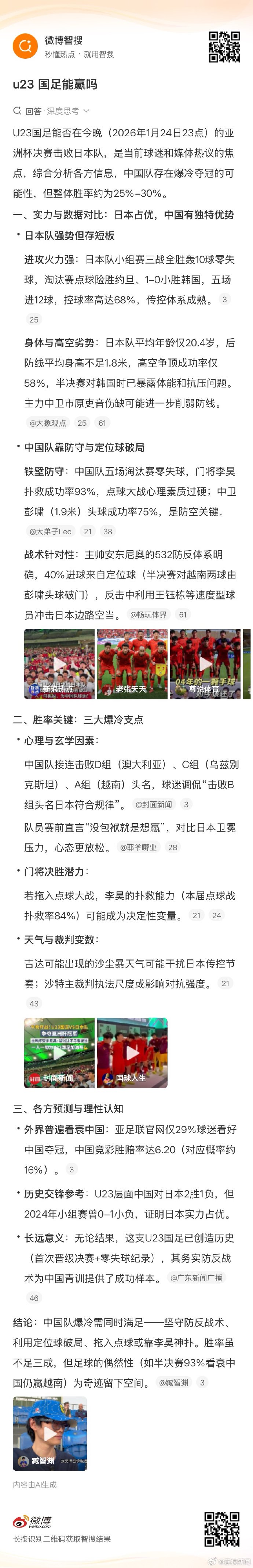 U23国足决赛胜率预测出炉，日本占优中国存爆冷可能|世界杯|中国男足|李昊|日本队|中国队_手机新浪网