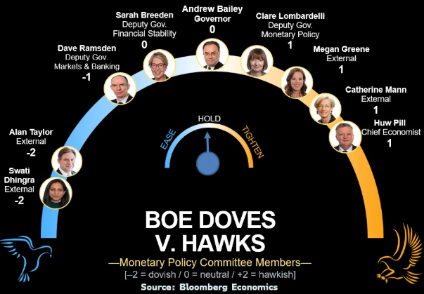 英国央行货币策略委员会鹰鸽一览图