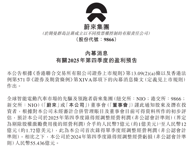 蔚来盈利预告。 港交所截图