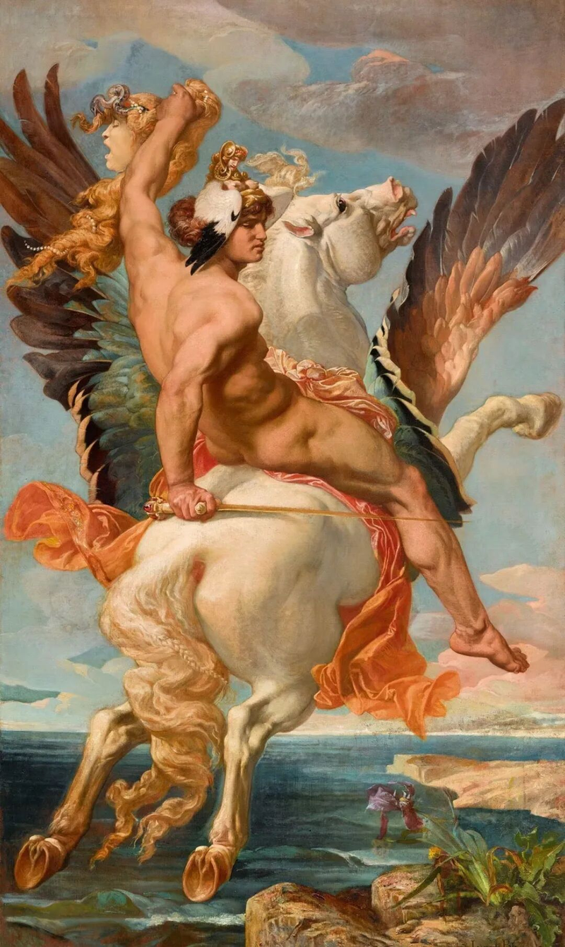 法国画家约瑟夫·布歇绘骑着飞马的珀修斯，他的手里还高举着飞马的母亲美杜莎的头。