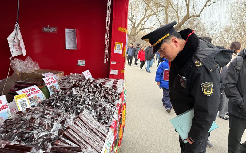 2月21日，龙潭庙会，崔杰与同事关注到食品摊位上缺少价格标签，提示摊主要货价对位。新京报记者 陈琳 摄