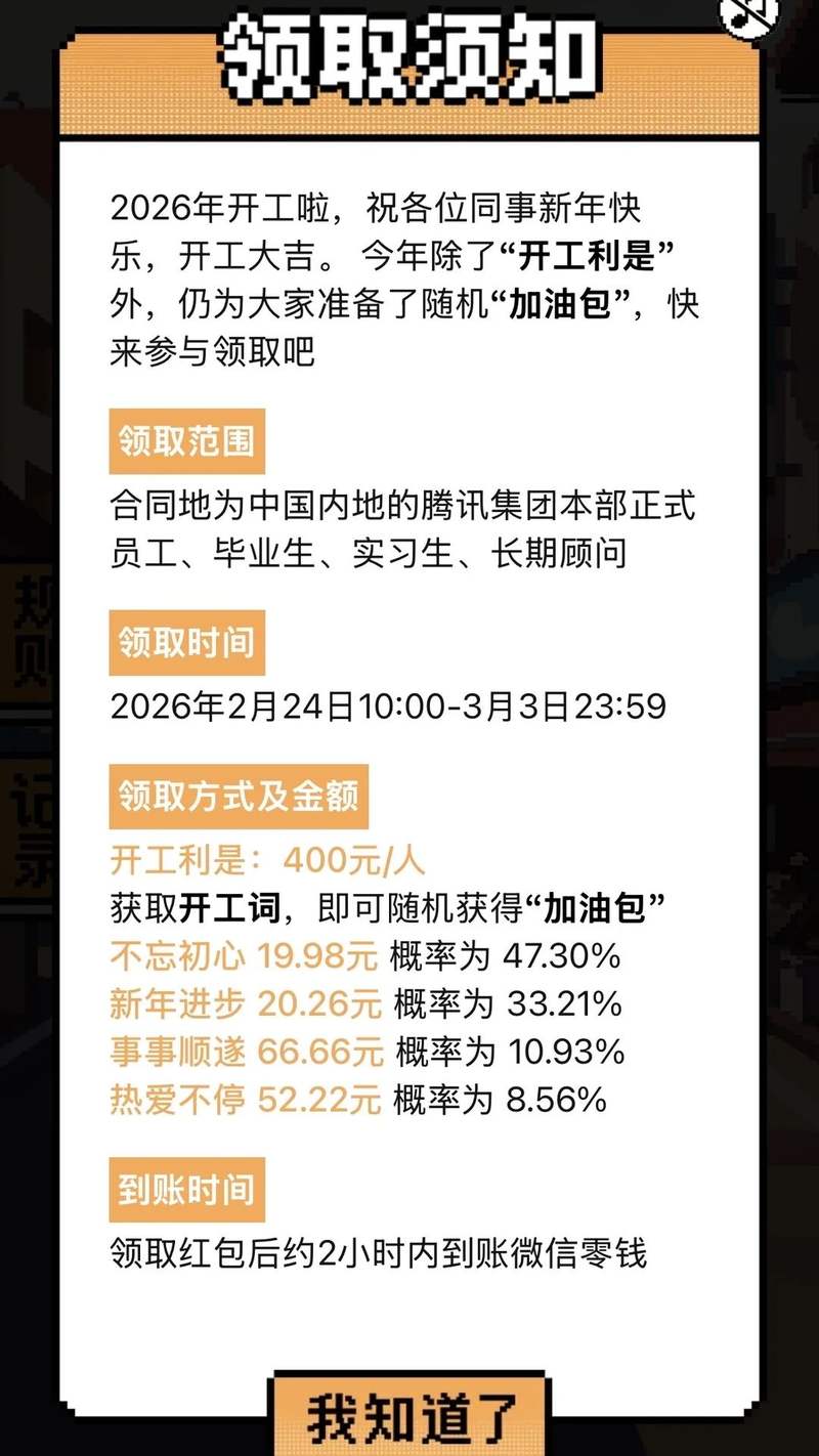 腾讯的开工红包领取通知。