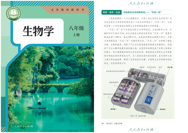 北航刘红教授团队研发的“月宫一号”生物再生生命保障系统入选人教版《义务教育教科书 生物学》八年级上册。 受访者供图