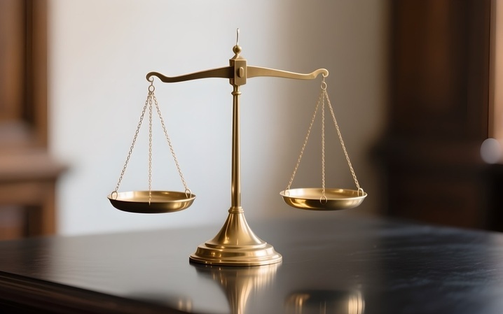 ▲金色天平置于法庭桌面上，双盘平衡象征法律公正与司法公平。图/IC photo
