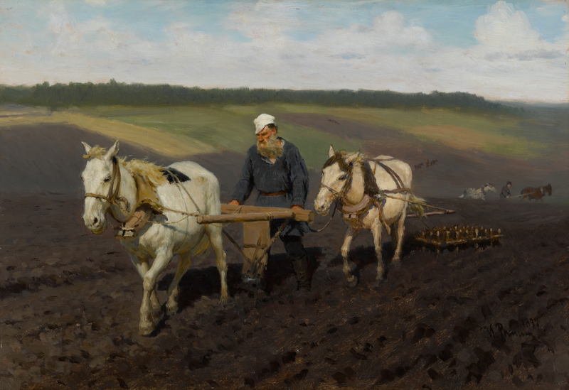 托尔斯泰在耕地，1887年。