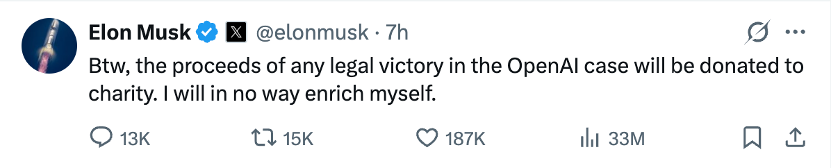 马斯克：如果告赢OpenAI，上千亿美元收益全部捐给慈善机构