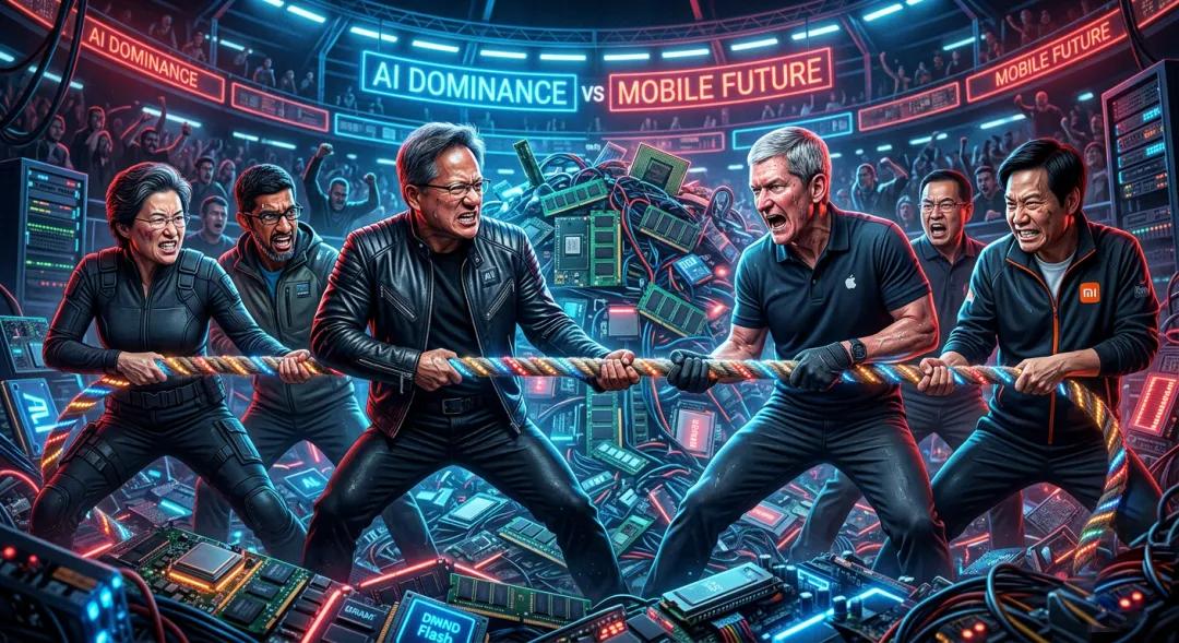 AI天团和手机阵营的存储之争。图片由AI生成