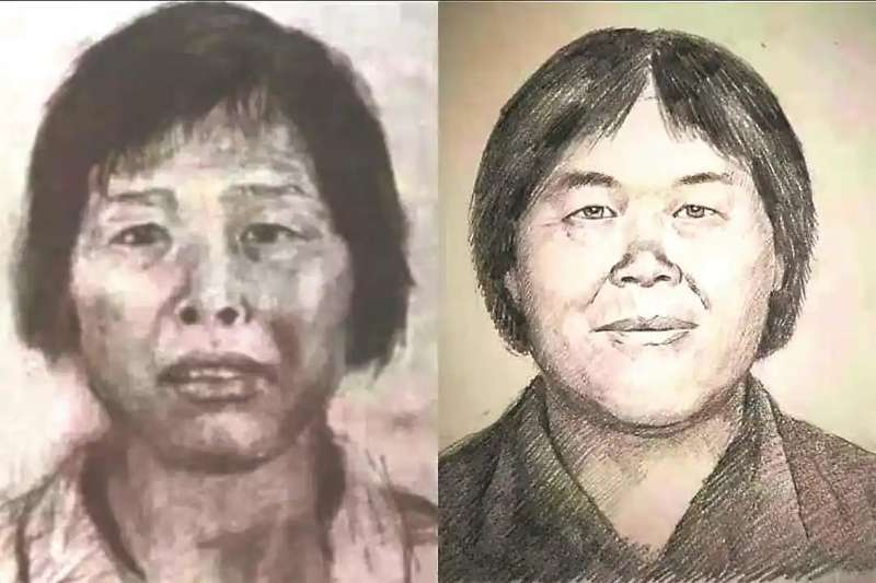 左为广州警方公布模拟画像，右为画像专家林宇辉绘制