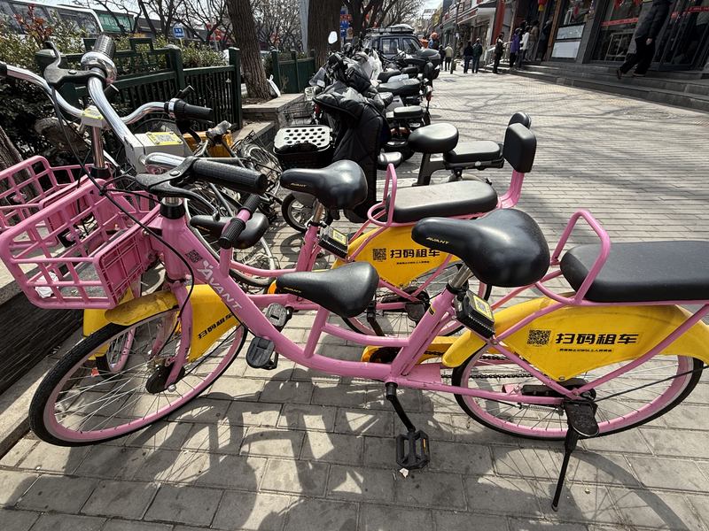 3月19日，安定门内大街223号的公共厕所门口，两辆三座“亲子单车”。新京报记者 张建林 摄