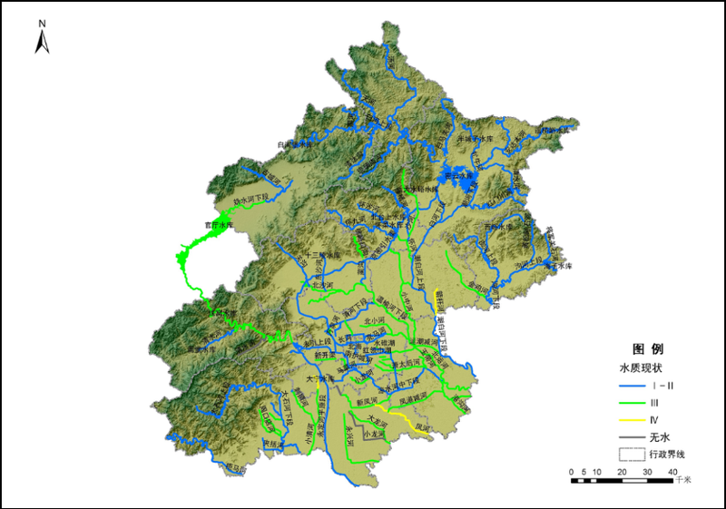 全市地表水水质现状类别图。北京市生态环境局供图